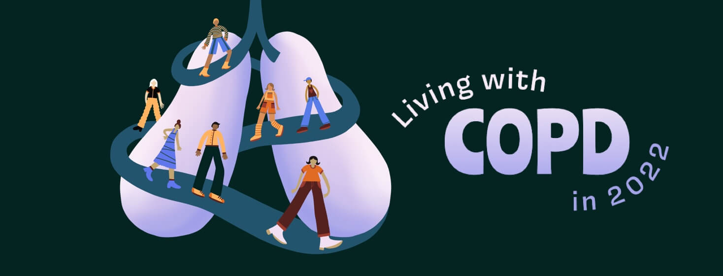 People walking on a pathway wrapped around a pair of lungs. The words in the photo read "Living with COPD in 2022"