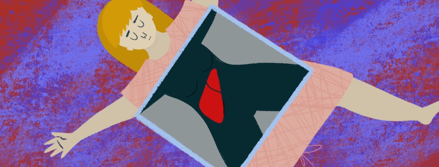 Original Illustration by Caroline Liddic. a woman lying on her back in a hospital gown getting a scan of her midsection, showing her liver highlighted in red, MRI, scanxiety, female, white, caucasian, adult, clinical, diagnosis