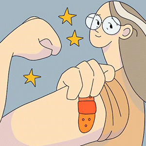 a woman with a flexed arm, a bandaid on her bicep.