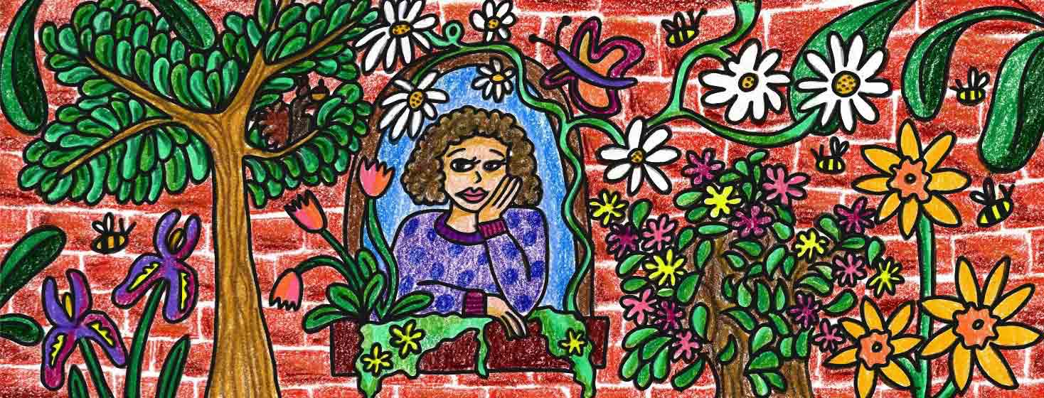 A woman is looking wistfully out of her window at spring blooms around her.