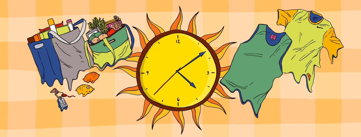 Image of a clock as a sun with melting grocery bags and clothes on either side