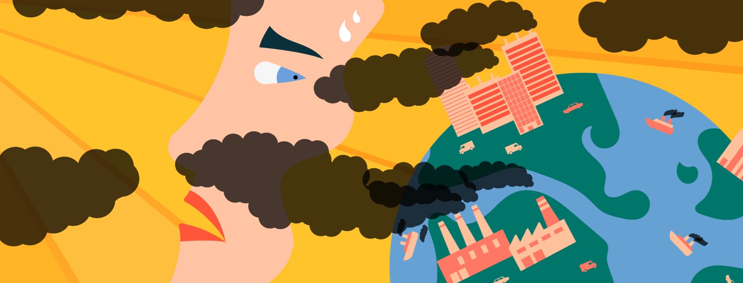 An earth with buildings and smog coming out of it surrounding a worried face