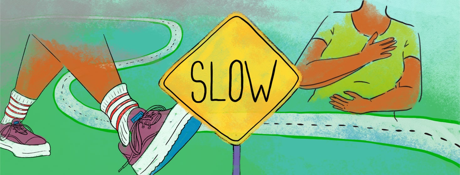 Slow sign in forefront with someone walking and someone breathing