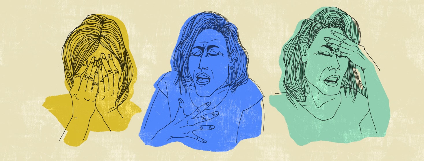 A woman taking a deep breath and then again with an anxious expression