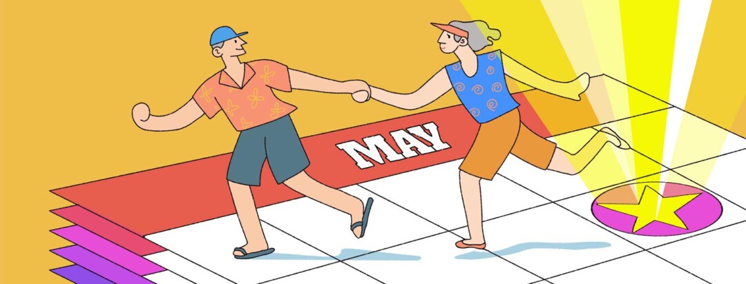 a couple holding hands, gleefully running across an oversized calendar