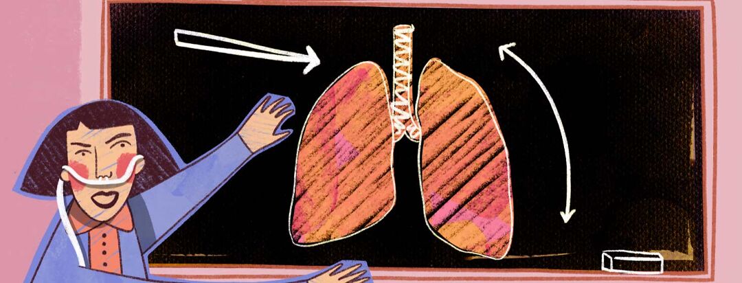 Adult woman with cannula tube points at a chalk board with lungs on them