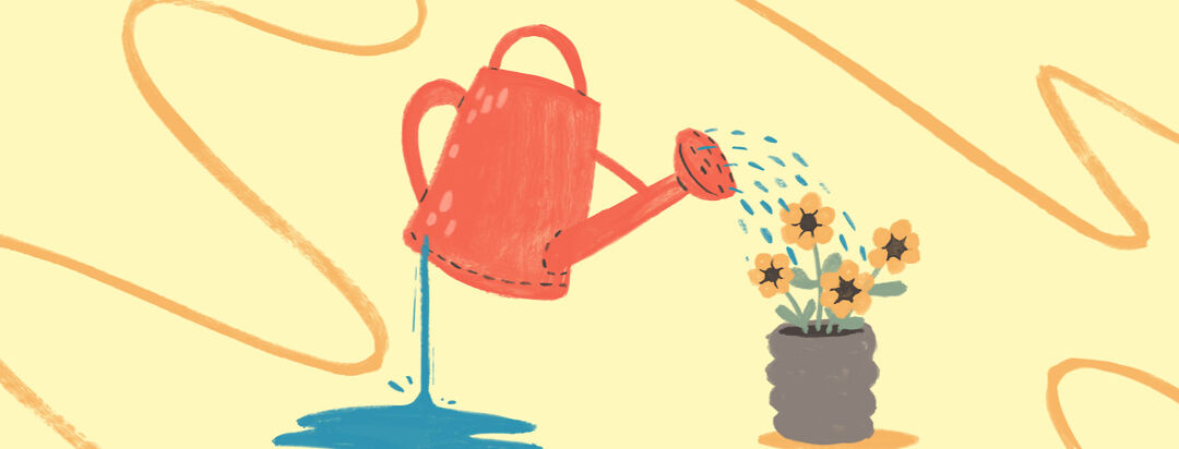 A leaking watering can with a hole in its base sprinkles water into a pot of flowers