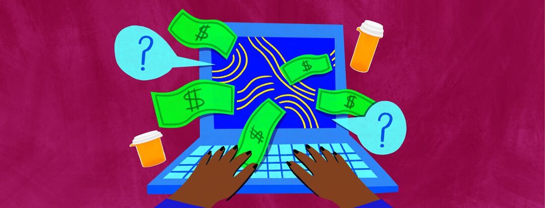 "Hands resting on an open laptop displaying a question screen, with dollar bills and prescription bottles swirling in the air around it, symbolizing financial and medical concerns.