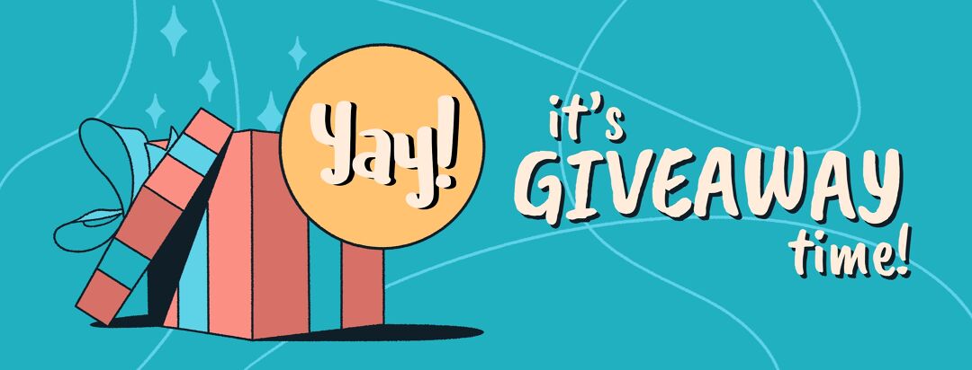 A vibrant banner announces "Yay! it's GIVEAWAY time!" on a teal background. An open gift box with blue and pink stripes, tied with a blue ribbon, sits on the left