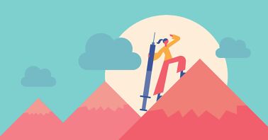 A woman standing strong and holding a large syringe looks optimistically over a mountain