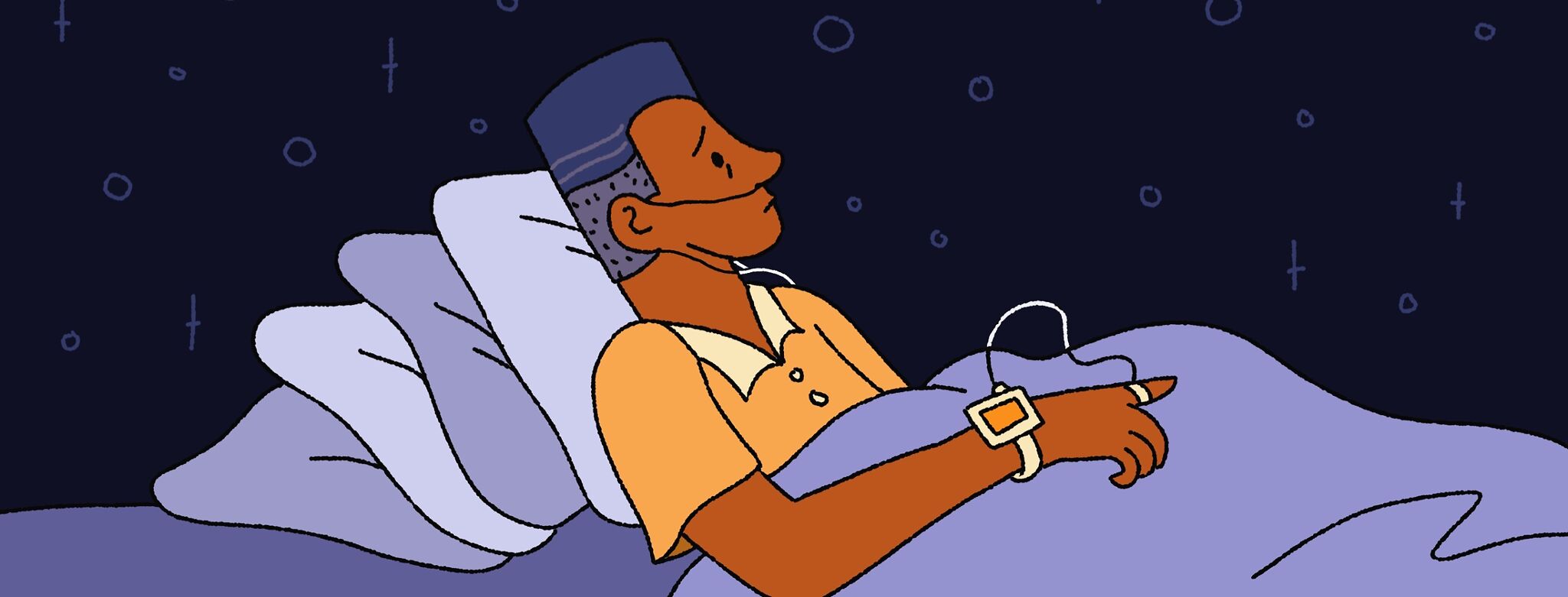 Man lying awake in bed at night, propped up on stacked pillows beneath a starry sky, wearing a nasal cannula for supplemental oxygen and a fingertip pulse oximeter connected by a cord to a monitor on his wrist, his worried upward gaze reflecting the anxiety that can come with changing oxygen needs in COPD.