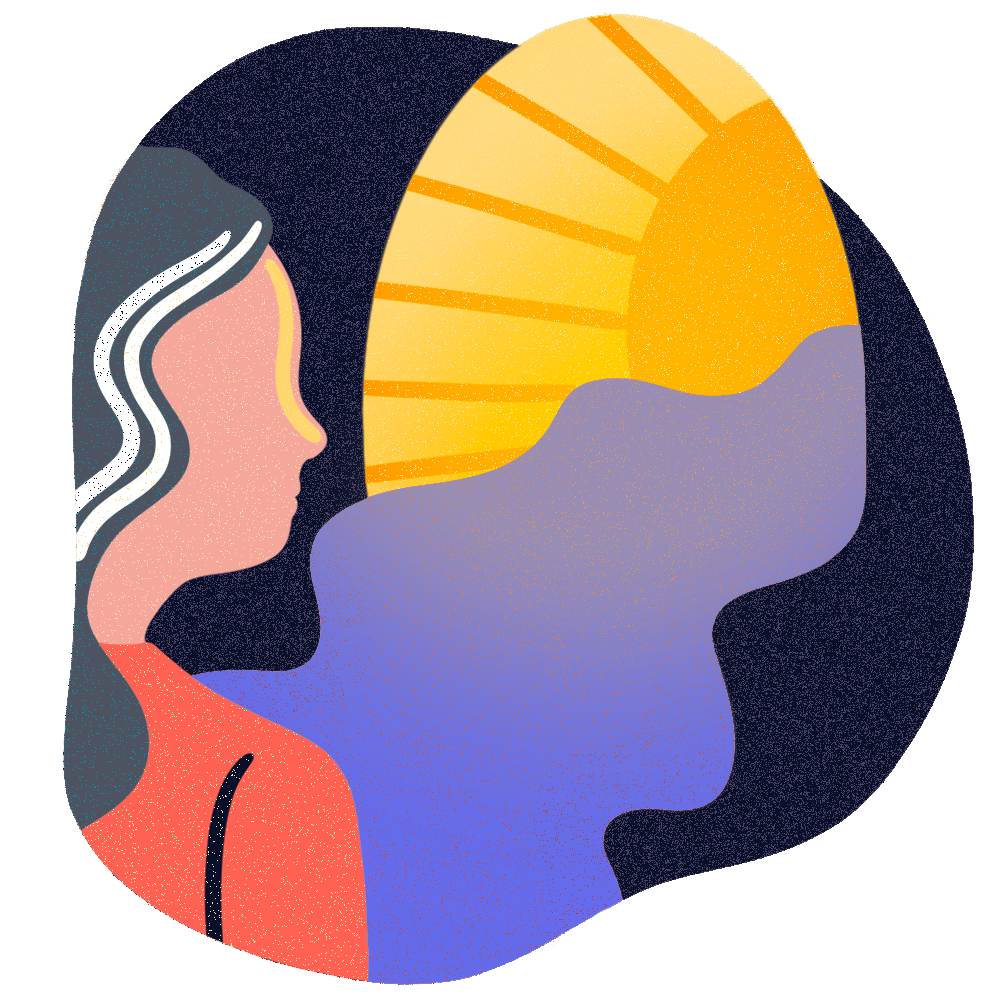 A woman walking on a path toward a bright sunset